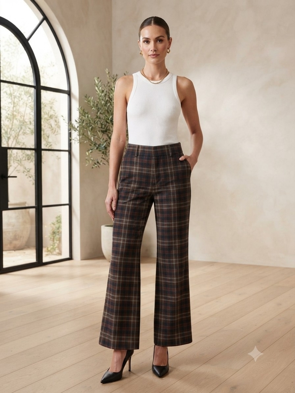 High-Rise Wide-Leg Plaid Trousers — Brown Plaid